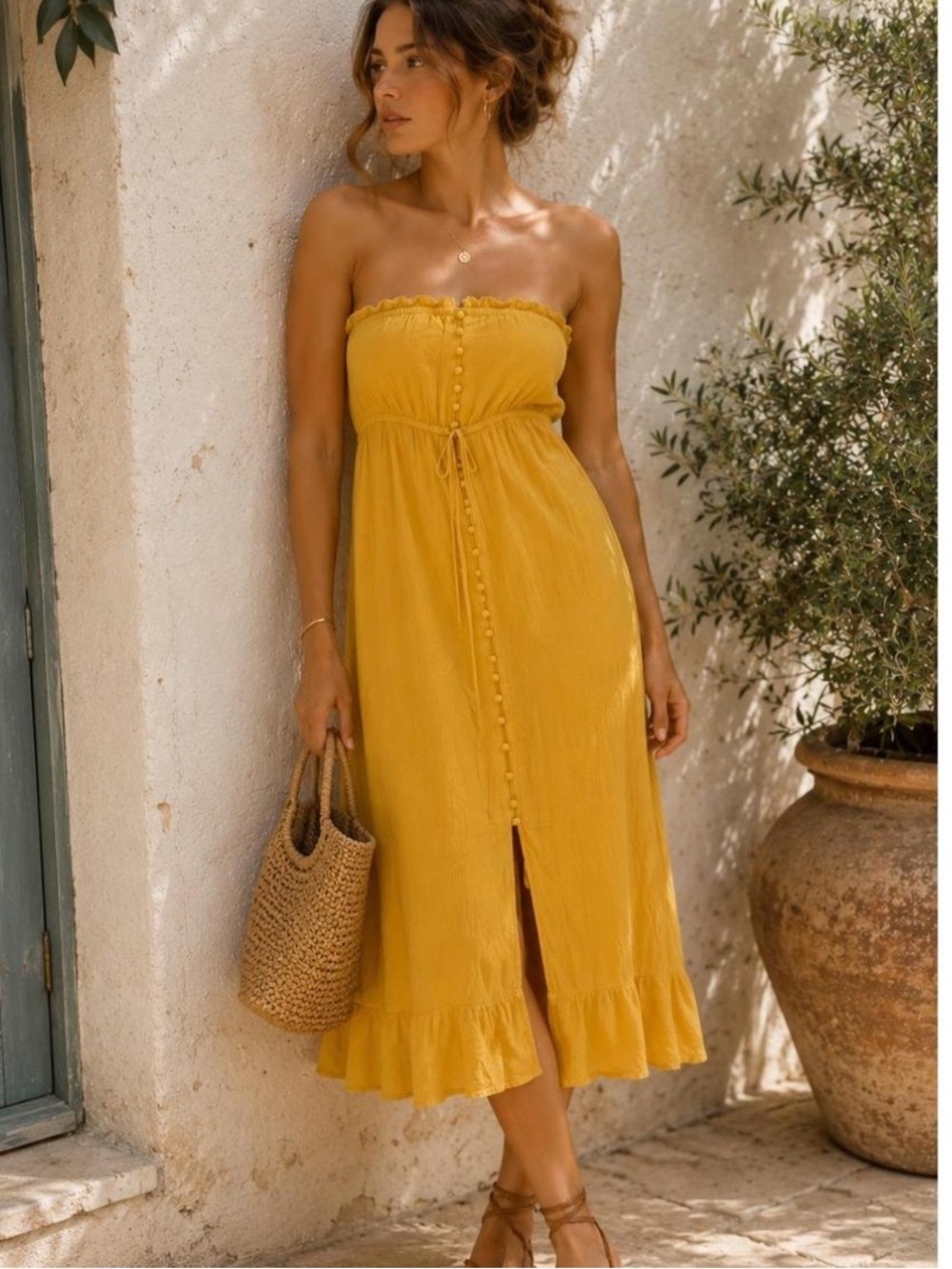 Pink Lily Mustard Yellow Strapless Midi Dress Boho Button Front Ruffle size 2X
